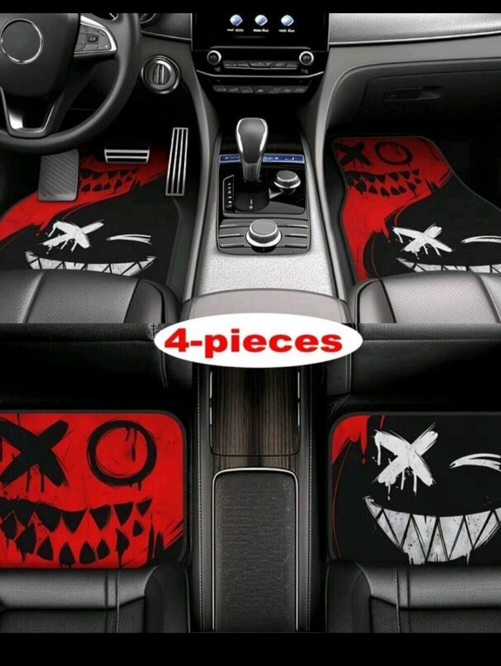 4-Piece Red & Black Grin Graphic Car Floor Mats